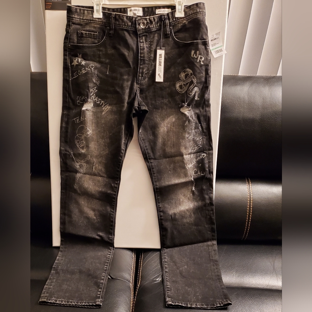 NWT WilliamRast Men's 34 x 32 Black Denim Dean Slim Straight Revved Stretch.